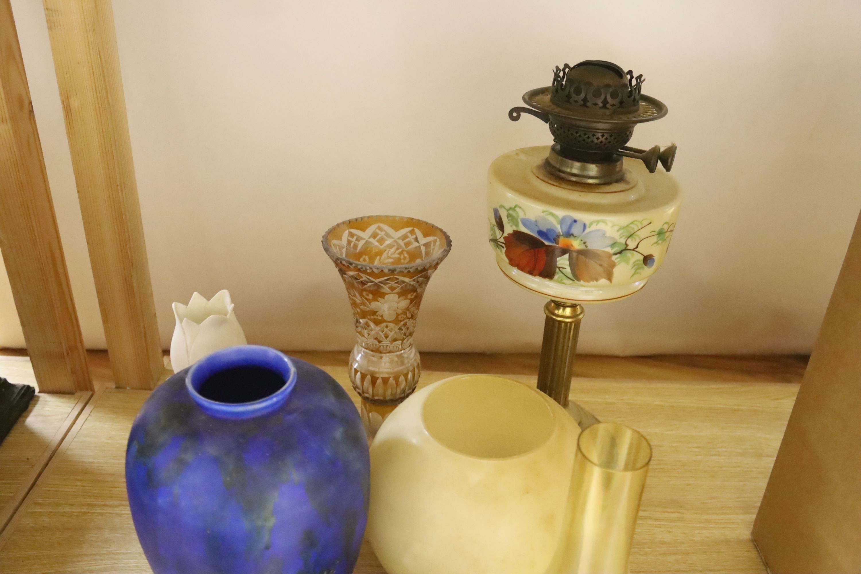 Mixed ceramics, overlaid glass vase and a Victorian oil lamp